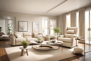 A serene living room boasting a cream-colored recliner positioned to capture the essence of natural light, offering a peaceful retreat within a stylish interior.