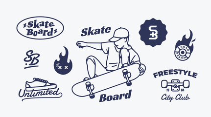 Skateboard badges, stickers. Vector illustrations. Skater Freedom Lifestyle. Urban City Skateboard Sport. © Munusa Work