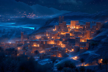 A mystical night scene of an ancient Arabic city with illuminated buildings, narrow alleys, and traditional architecture, created using AI art.