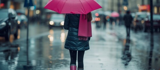 A lady, carrying a pink umbrella, walks in the rain, water droplets forming on her umbrella and sleeves, while her thigh is barely visible under the violet cover. - obrazy, fototapety, plakaty