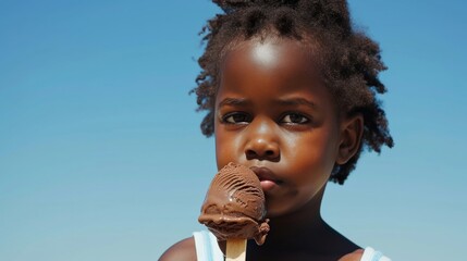 3 year old black African girl enjoying a melting chocolate ice-cream on a sweltering hot summer...
