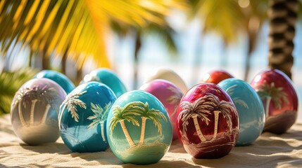 Tropical Easter Delight: Colorful Eggs Nestled Beneath a Majestic Palm Tree - obrazy, fototapety, plakaty