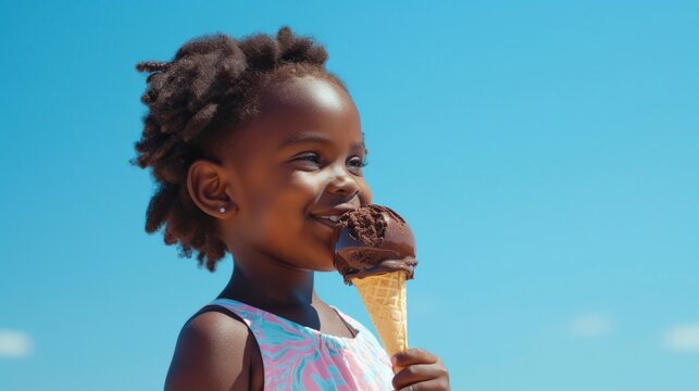 3 year old black African girl enjoying a melting chocolate ice-cream on a sweltering hot summer day. Clear blue summer sky in background
