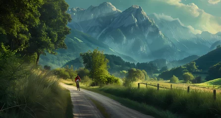 Poster bicycle riding with mountains and green vegetation © Sticker Me