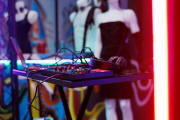Dj music mixer equipment live concert and discotheque at nightclub stage. Musician controller for...