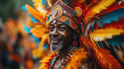 man is in colorful costume walking through a street festival - obrazy, fototapety, plakaty