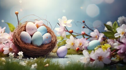 Fototapeta na wymiar Joyful Easter Greetings: Celebratory Background with Vibrant Colors and Festive Decorations