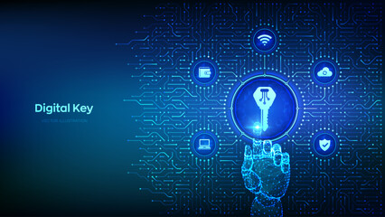 Digital key. Electronic key. Personal Data protection. Cyber security and access concept. Background with circuit board connections and tech icons. Wireframe hand pressing button. Vector Illustration.