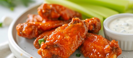 A recipe for buffalo chicken wings with celery and ranch dressing, a delicious fried food dish made with chicken meat, served with Fukujinzuke.
