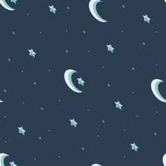Seamless pattern of stars and crescents on dark blue background