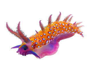 A colorful sea slug with yellow and purple spikes on a white background