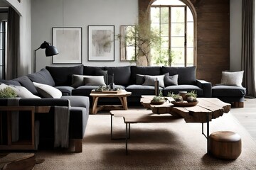 A rustic wooden coffee table complementing a deep charcoal sofa.