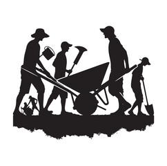 People using wheelbarrow, Construction worker pushing wheelbarrow silhouette, 