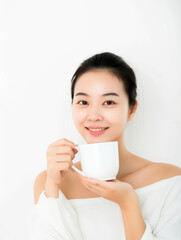 Close up of a young woman holding coffee cup on white background. Generative Ai