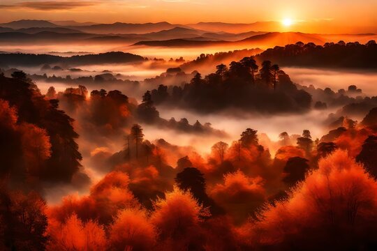 A stunning, fiery sunrise painting the sky and casting a golden glow over a mist-covered valley.