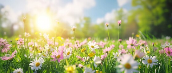 Sunlit Spring Meadow with Vibrant Daisies and Fresh Blossoms