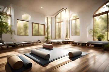A serene yoga room with mats and meditation cushions, a blank frame enhancing the calming atmosphere.