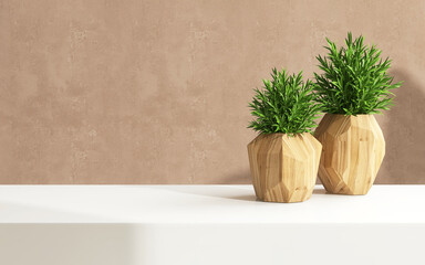 Tropical indoor plants in modern design wooden pot on white table countertop counter in sunlight, shadow on brown background for organic luxury beauty, skincare, cosmetic, body care product display 3D