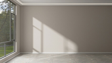 Beige wallpaper wall room in sunlight from gray frame window to backyard on marble tile floor for...