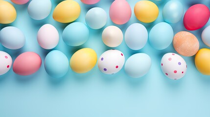 Vibrant Pastel Easter Eggs: A Top-View Display on a Serene Blue Background