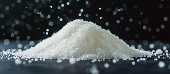 A heap of salt rests on a table, resembling a chemical compound with its monochrome appearance, akin to snow or asphalt.