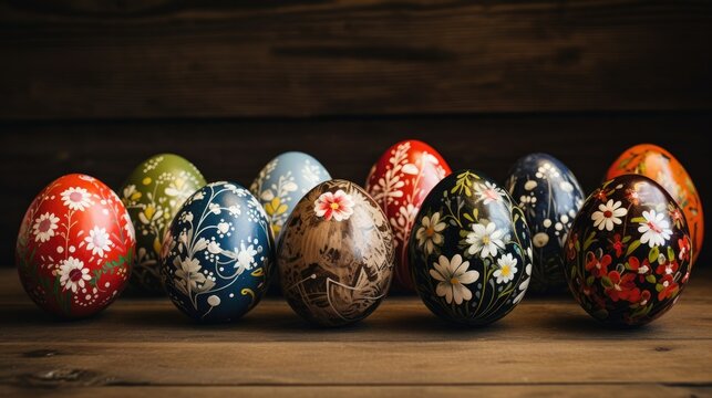 Vibrant Easter Eggs Adorn Rustic Wooden Surface in Festive Display