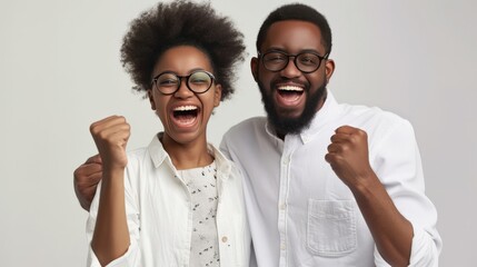 African American man and woman happy for win, excited ethnic couple in spectacles feel overjoyed receiving good news being successful isolated on grey studio background - obrazy, fototapety, plakaty