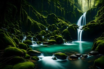 A serene panorama showcasing the beauty of waterfalls cascading through dense, moss-covered mountain slopes.