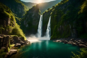Majestic waterfalls flowing gracefully down sun-drenched cliffs amidst a backdrop of lush, verdant mountains.