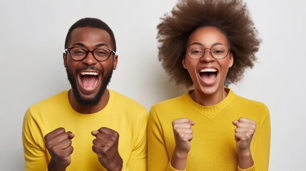 African American man and woman happy for win, excited ethnic couple in spectacles feel overjoyed receiving good news being successful isolated on grey studio background