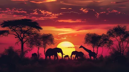 Foto op Canvas Silhouette of elephants and giraffes with sunset. Element of design. © Thanthara