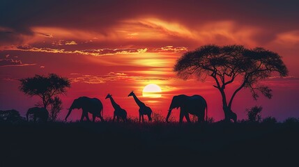 Fototapeta na wymiar Silhouette of elephants and giraffes with sunset. Element of design. 