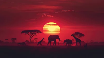 Gordijnen Silhouette of elephants and giraffes with sunset. Element of design.  © Thanthara