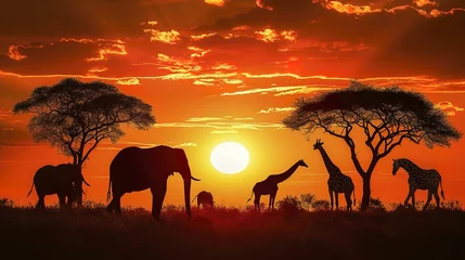 Abwaschbare Fototapete Silhouette of elephants and giraffes with sunset. Element of design.  © Thanthara