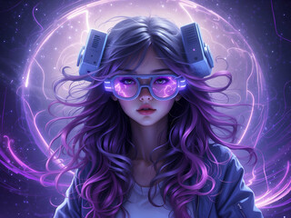 A girl with flowing violet hair immersed in a virtual reality headset
