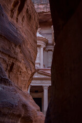 View of the Treasury of Petra from the entrance canyon, Wadi Musa, Jordan.