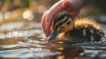 Human Hand Gently Touching a Baby Duckling Floating on Sparkling Water at Sunset - Powered by Adobe