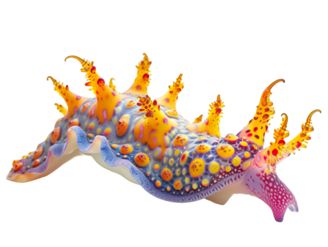 A colorful sea slug with yellow and purple spikes on a white background