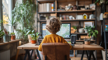 Young boy on a computer doing virtual learning. Seen from the back while sitting on a chair.