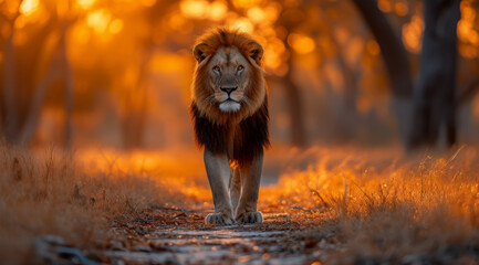 Lion standing on a path during sunrise, bathed in golden light, ai generated
