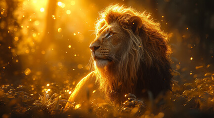 Serene lion in backlight with golden light filtering through foliage, ai generated