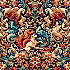 seamless pixel art pattern traditional tapestry motif  floral designs and elements reminiscent of mythical creatures or medieval scenes