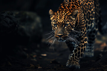 Obraz premium Close-up black-spotted yellow leopard in dark tones. Generative ai