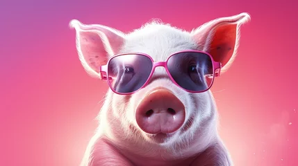 Fotobehang  pig with sunglasses on pink background © Ирина Рычко