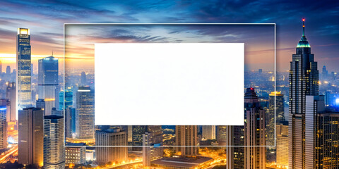 Nighttime city skyline with lights illuminating buildings, frame for presentation