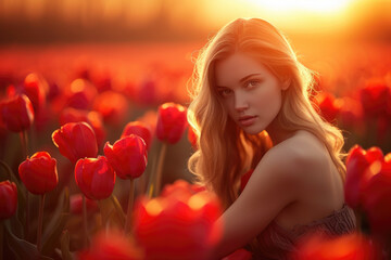 Obraz na płótnie Canvas a beautiful girl posing on tulip field in spring at sunset