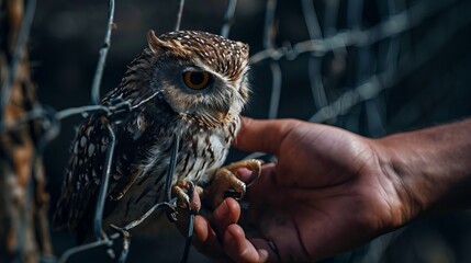 Human Hands Holding a Beautiful Owl with Striking Features, Captured in Natural Light