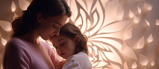 cute mother is cuddled by daughter