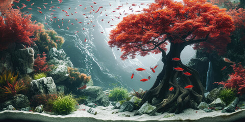 A captivating nature aquarium with underwater red color plants, driftwood, rocks, and fish, showcasing a harmonious aquascape design
