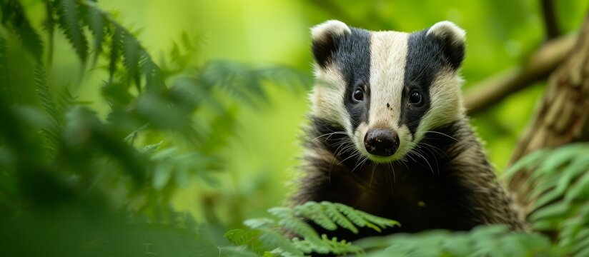 A carnivorous terrestrial animal, belonging to the Mustelidae family, known as a badger, sits in the woods and looks at the camera.